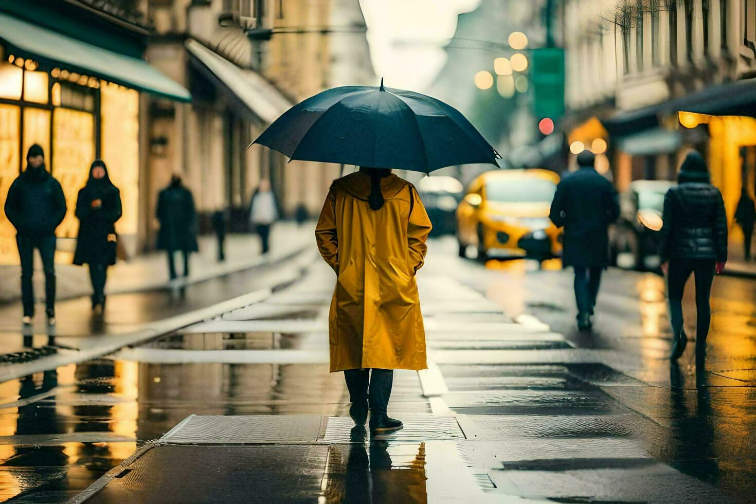 a person walking down a street with an umbrella. AI-Generated photo