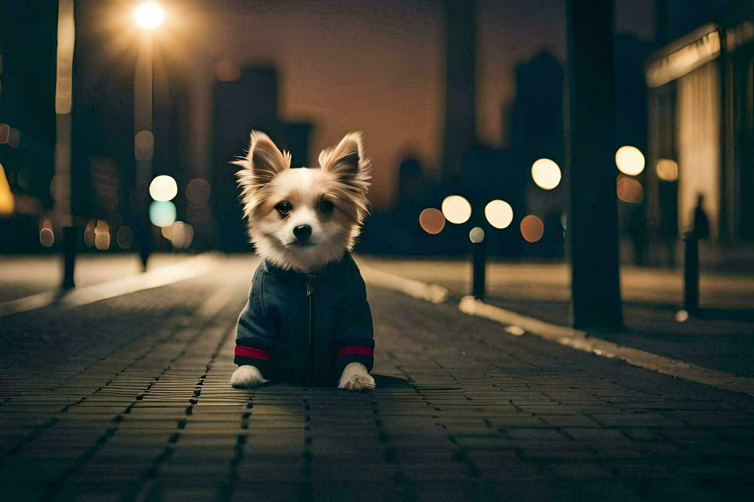 a dog in a jacket sitting on the street at night. AI-Generated photo