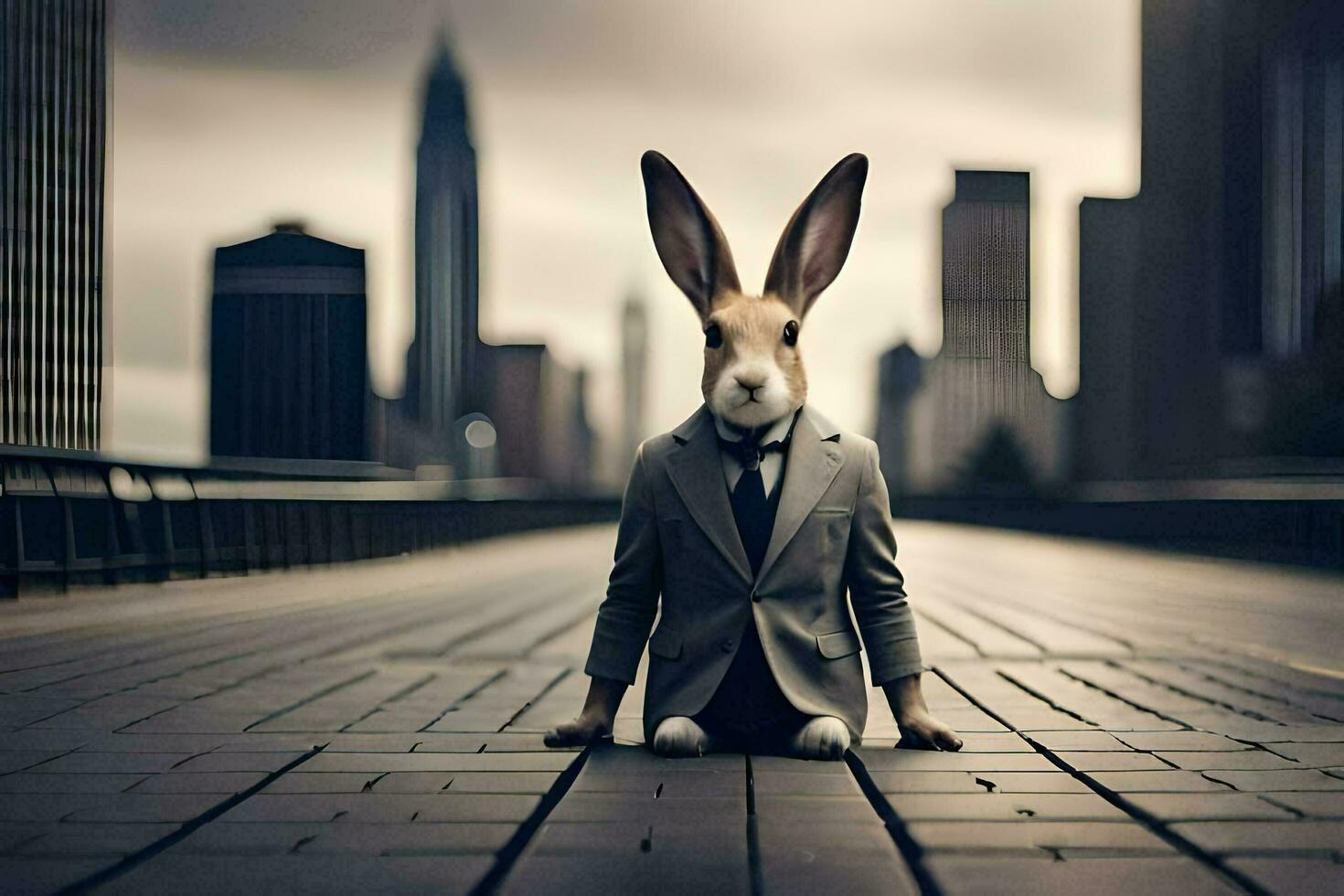 a rabbit wearing a suit and tie sits on a bridge. AI-Generated photo