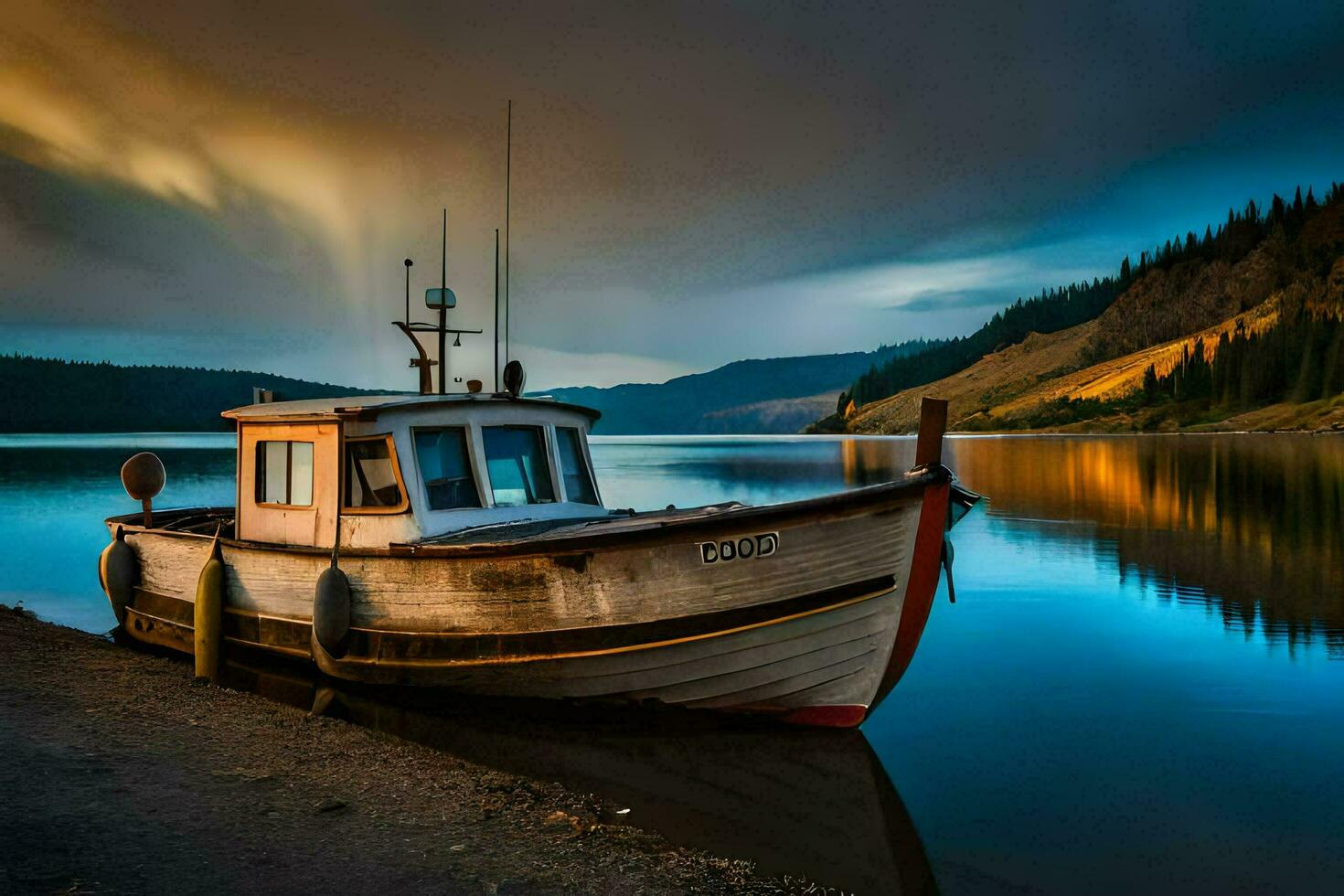 a boat sits on the shore of a lake. AI-Generated photo