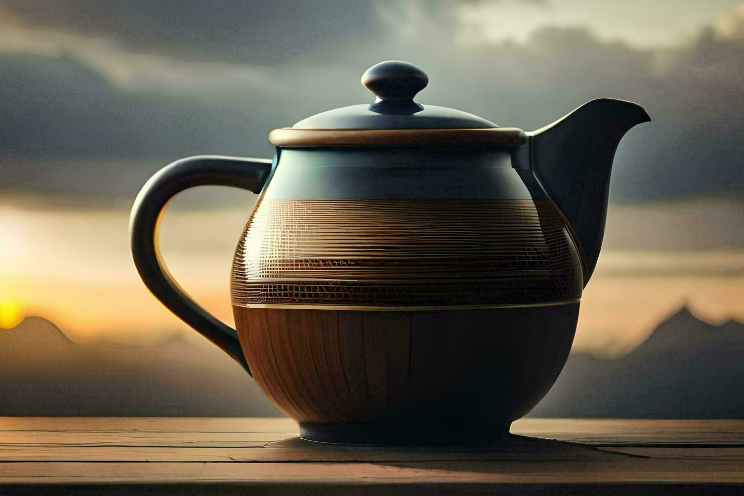 tea pot on a wooden table, sunset, mountains, hd wallpaper. AI-Generated photo