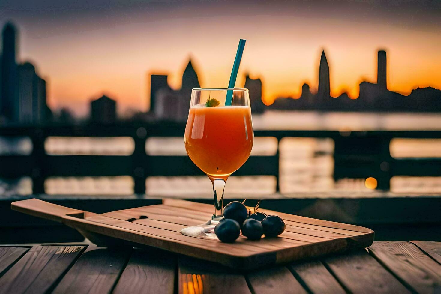 cocktail on a wooden table with a city skyline in the background. AI-Generated photo