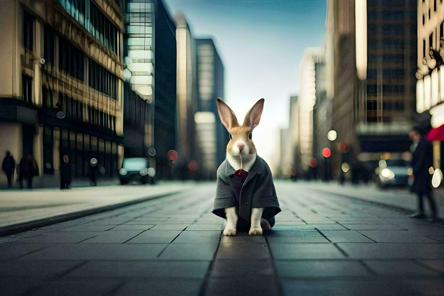 a rabbit wearing a suit and tie on the street. AI-Generated photo