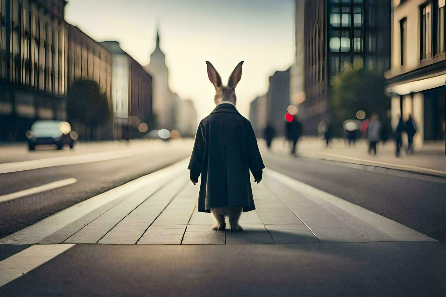 a rabbit in a coat standing on the street. AI-Generated photo
