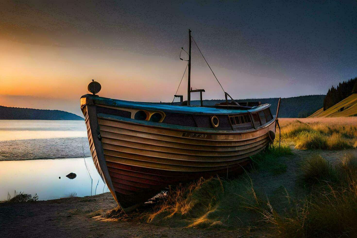 a boat sits on the shore at sunset. AI-Generated photo