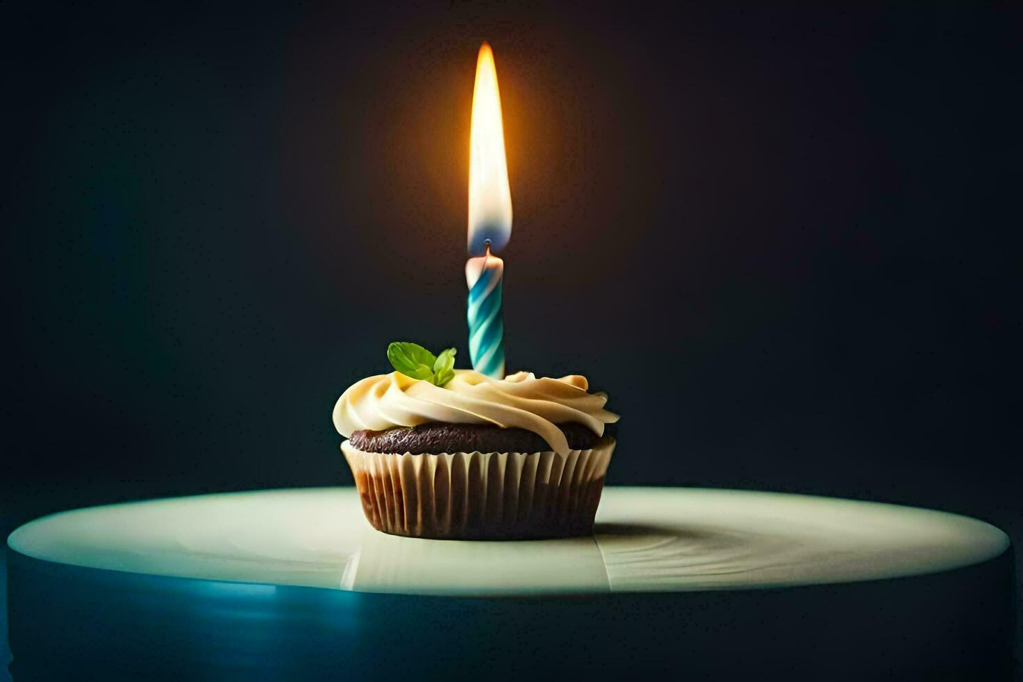 a cupcake with a single candle on top. AI-Generated photo