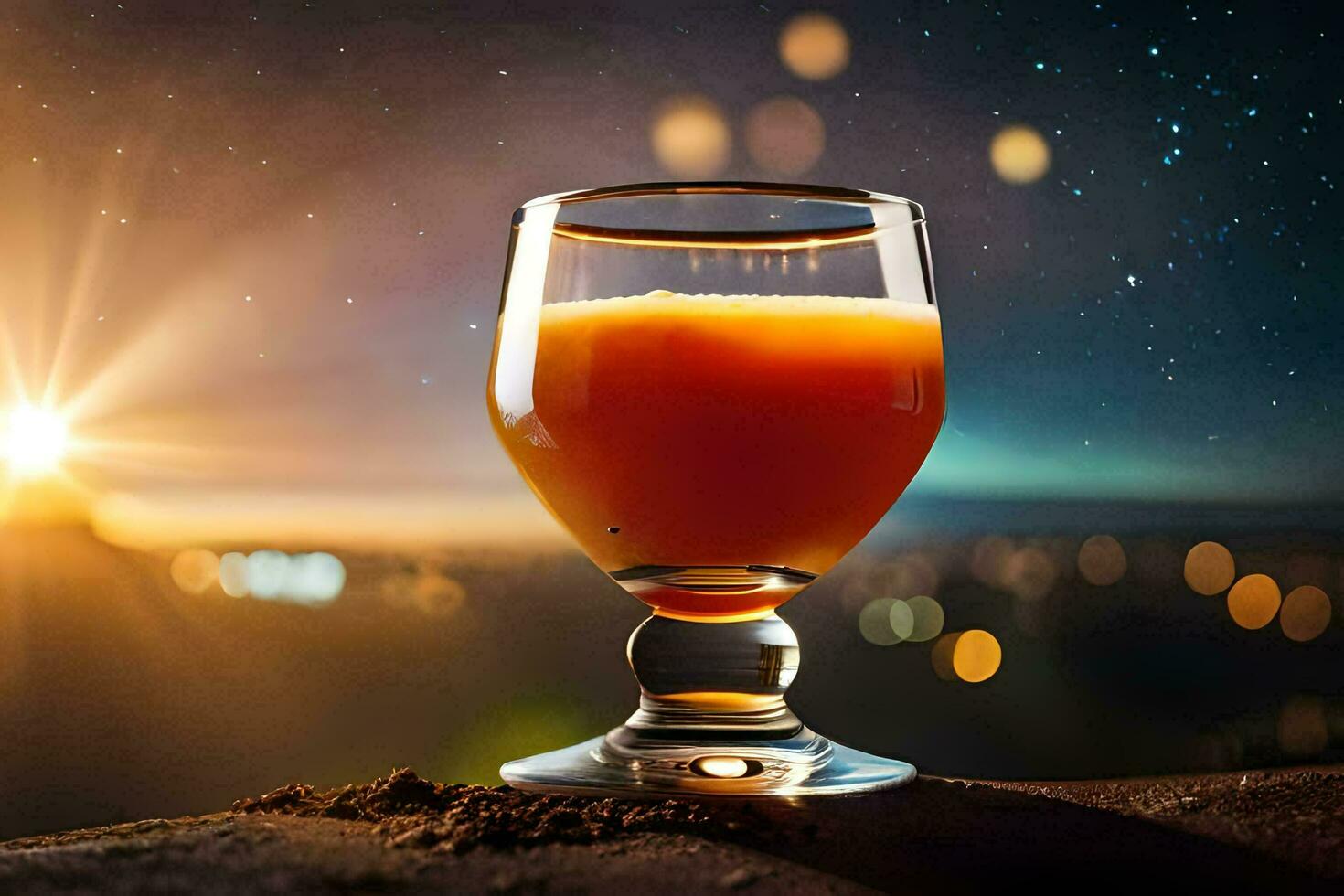 a glass of orange juice sitting on a rock with a city in the background. AI-Generated photo