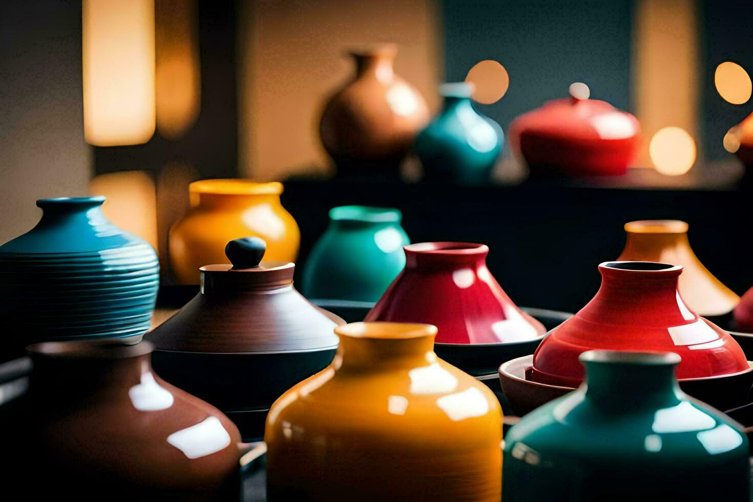 colorful vases are sitting on a table. AI-Generated photo