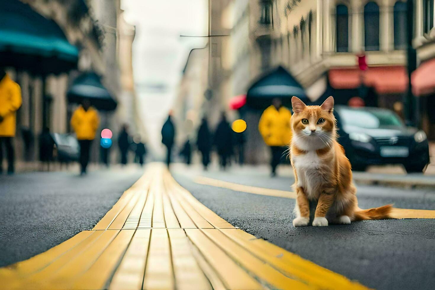 an orange and white cat sitting on the street. AI-Generated photo