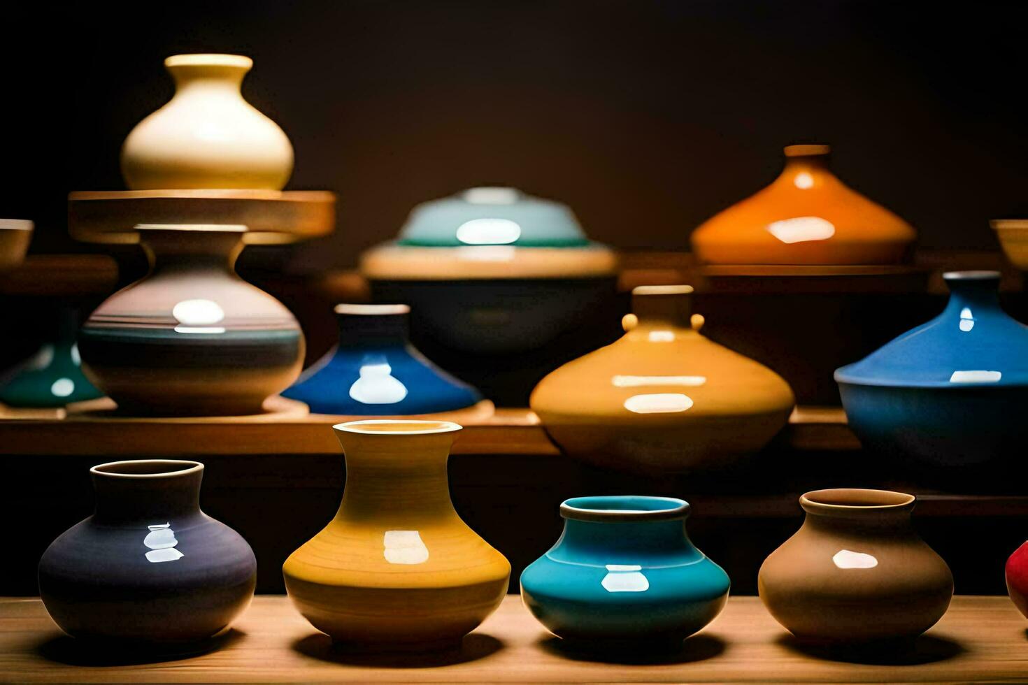 a row of colorful vases on a shelf. AI-Generated photo