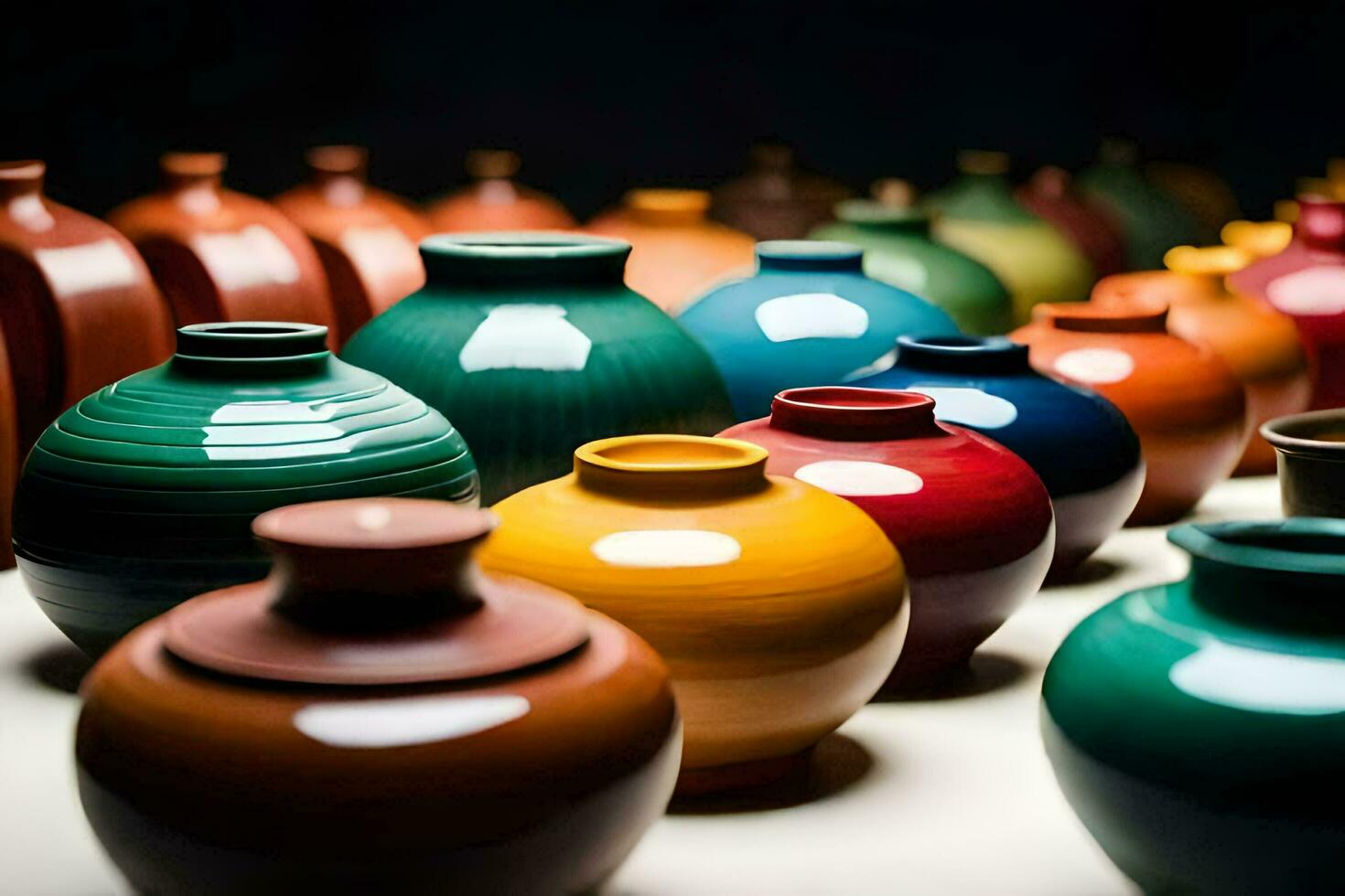 a row of colorful vases are lined up. AI-Generated photo