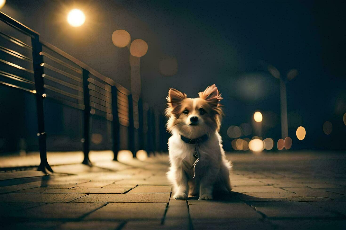 a dog sitting on the sidewalk at night. AI-Generated photo