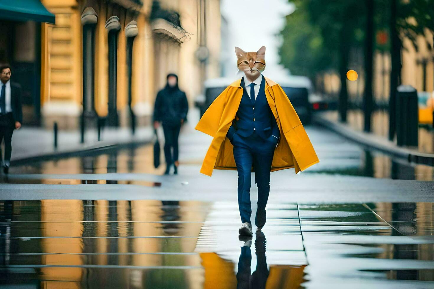 a man in a suit and yellow coat walking in the rain. AI-Generated photo
