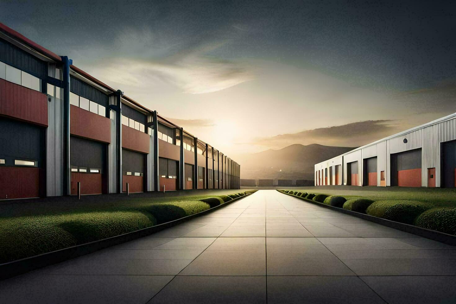 a long walkway leading to a large industrial building. AI-Generated photo