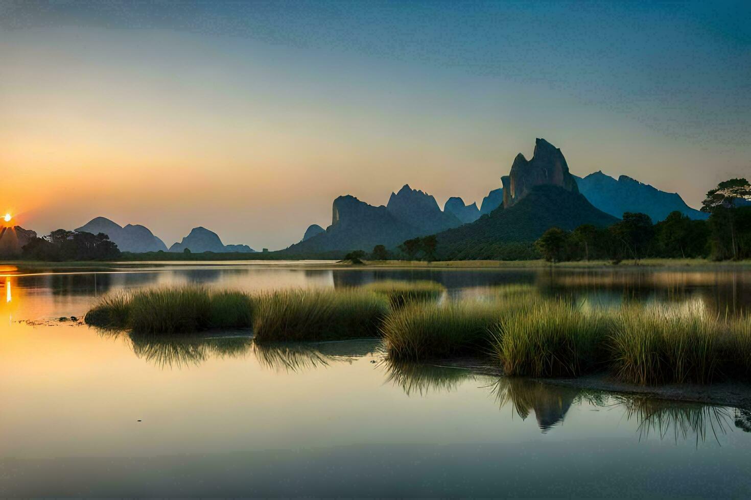 the sun sets over mountains and water in a lake. AI-Generated photo