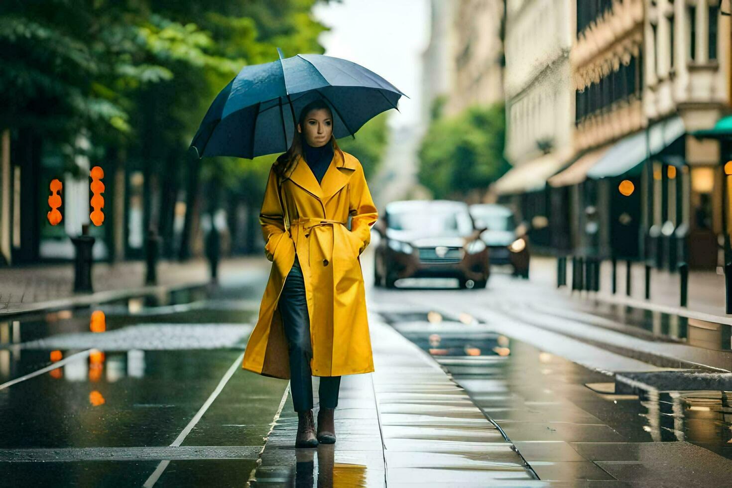 a woman in a yellow raincoat and black umbrella walking down a street. AI-Generated photo