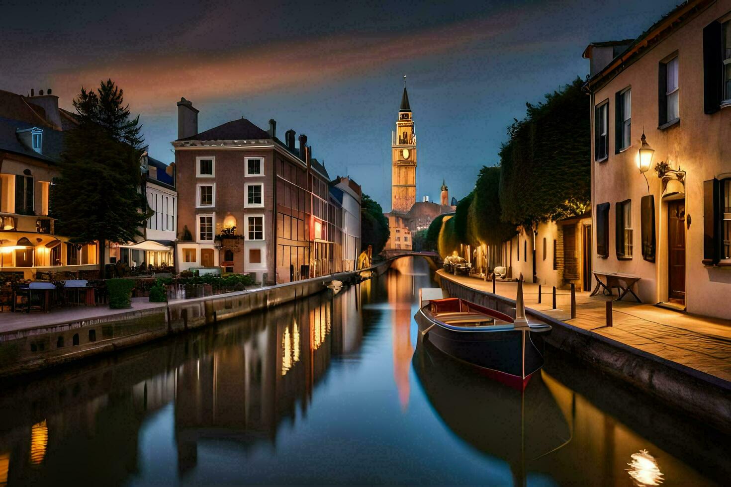 a canal in the middle of a city at night. AI-Generated photo