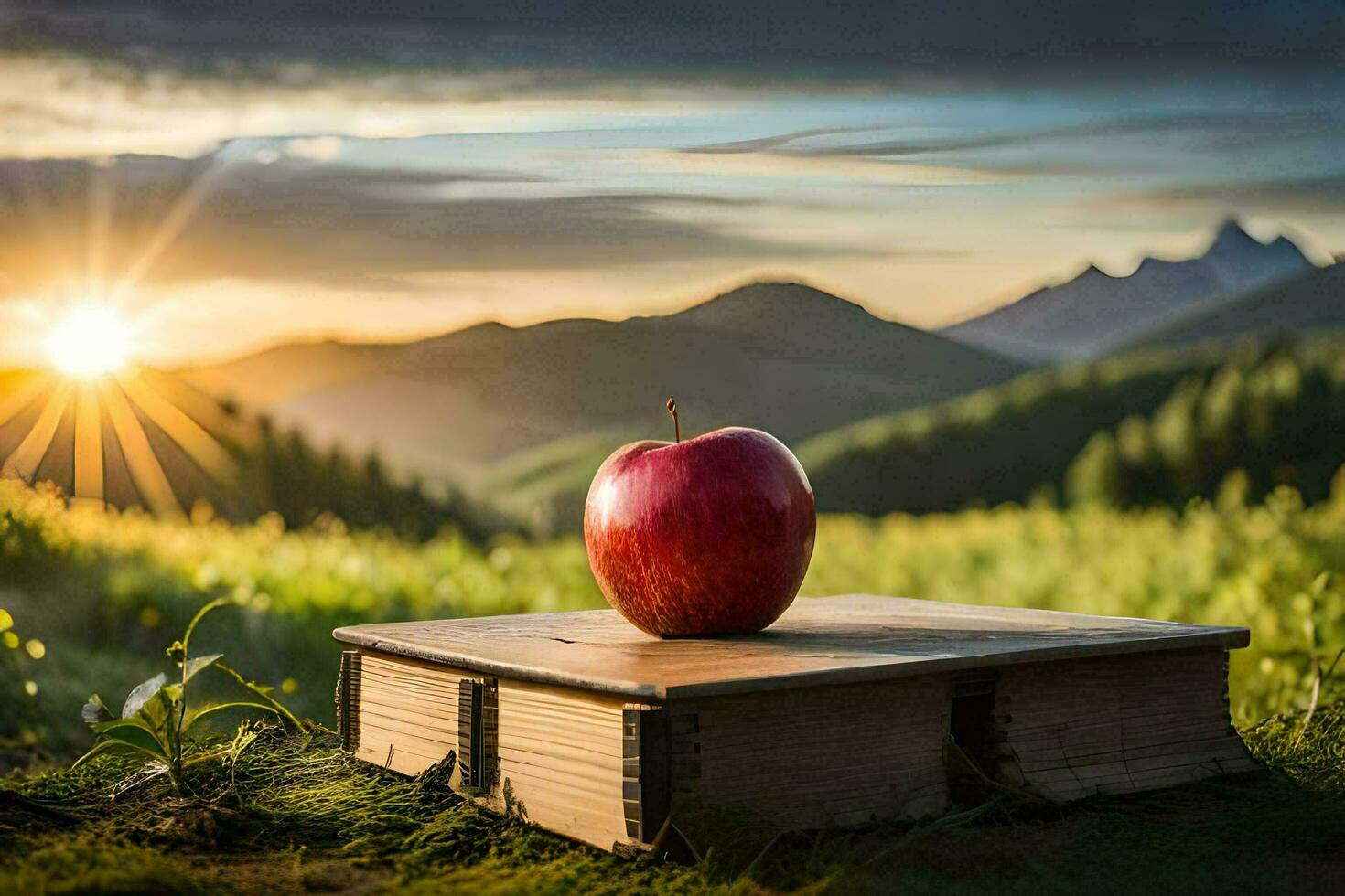 manzana en un libro en el montañas. generado por ai foto