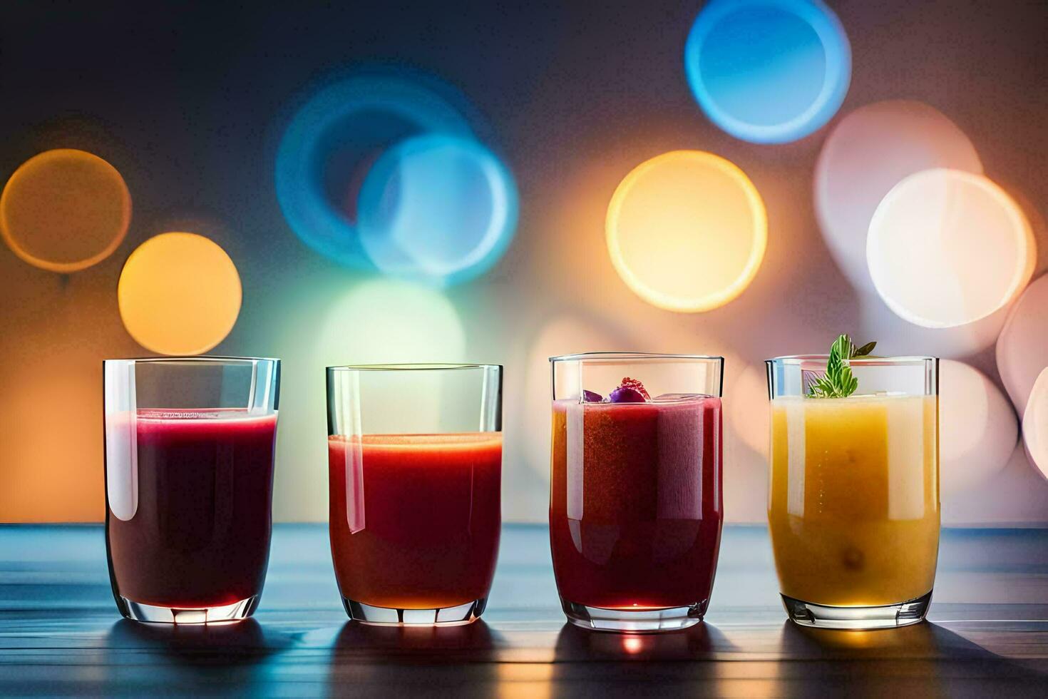 four glasses of juice on a table with blurred lights. AI-Generated photo