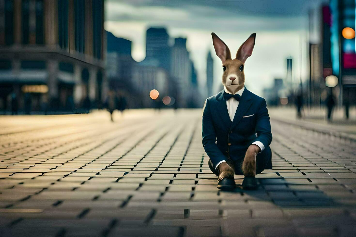 a rabbit wearing a suit and tie sitting on the ground. AI-Generated photo