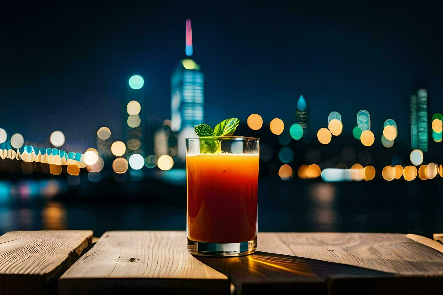 cocktail on the table in front of the city. AI-Generated photo