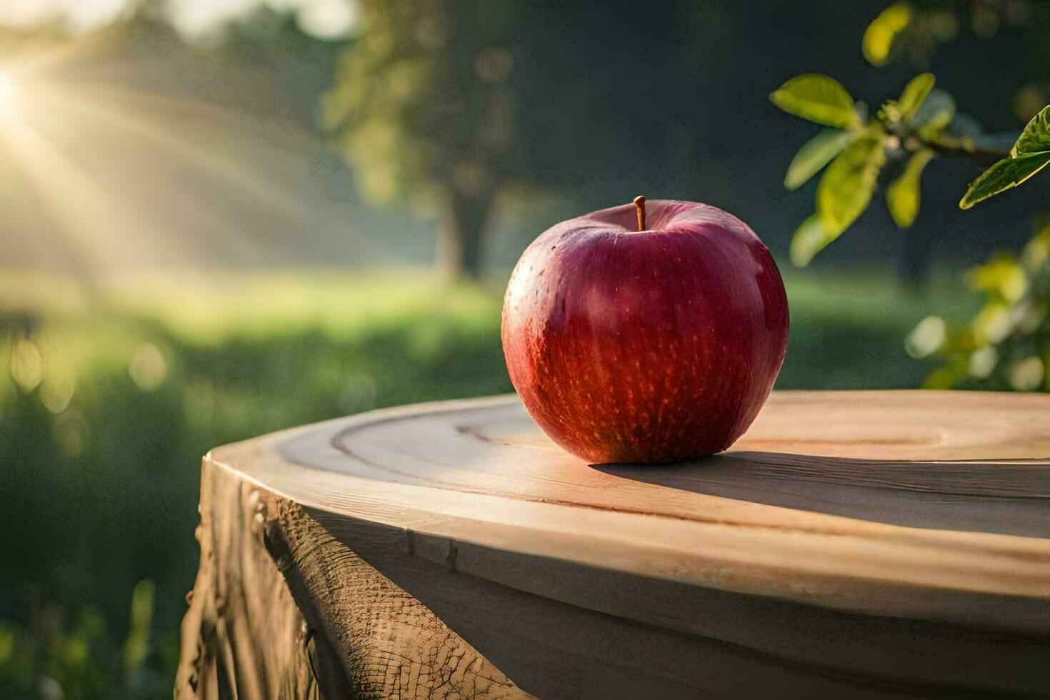 an apple sits on top of a stump in the sun. AI-Generated photo