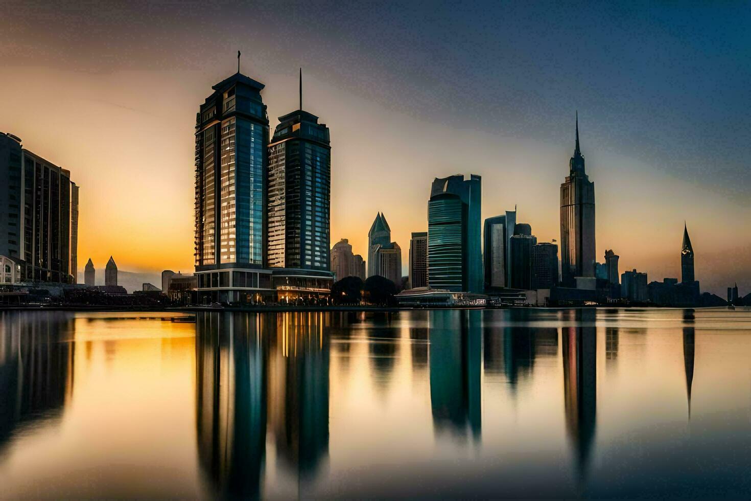 the city skyline is reflected in the water at sunset. AI-Generated photo