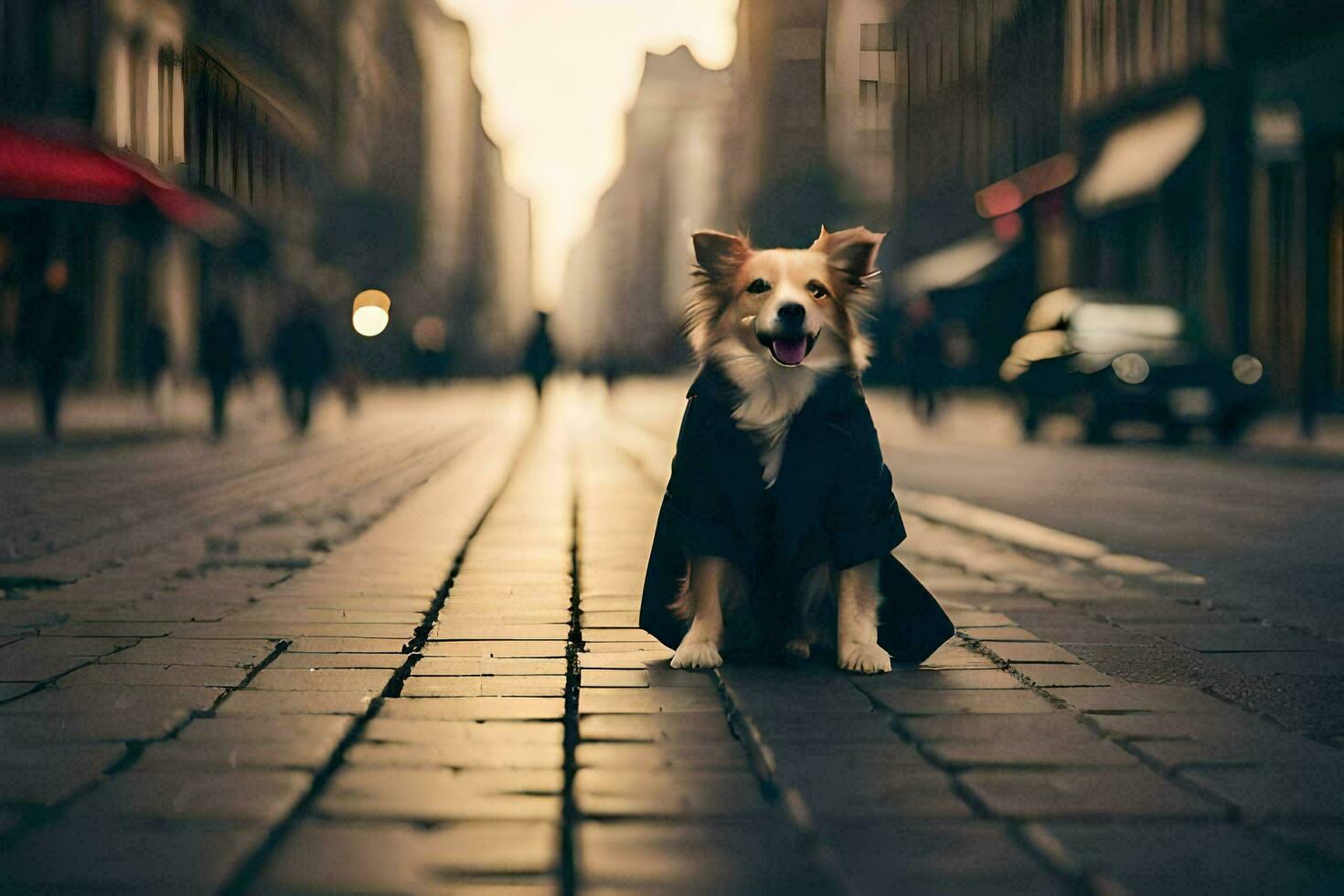 a dog wearing a coat sits on the street. AI-Generated photo