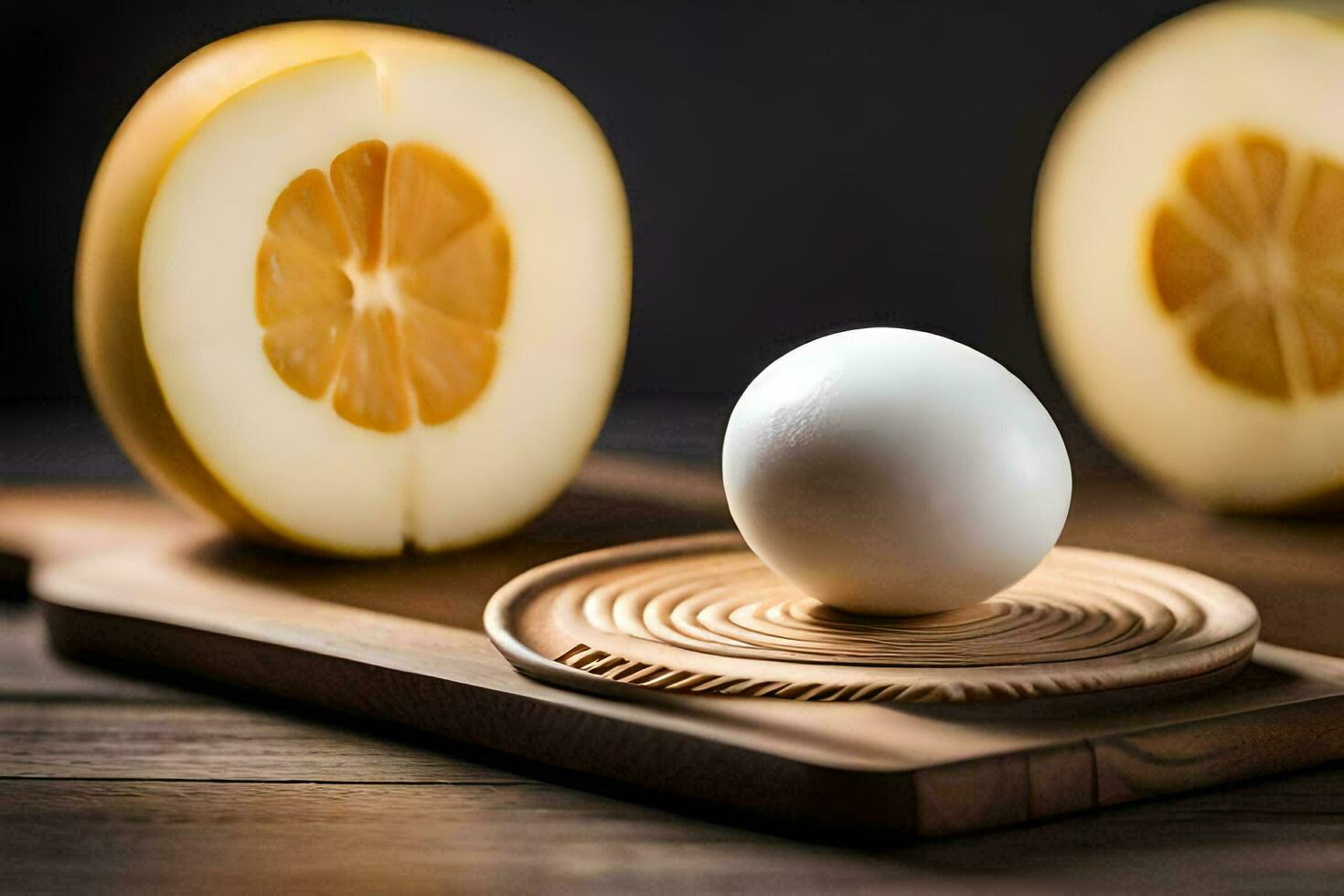 an egg on a cutting board with a slice of melon. AI-Generated photo