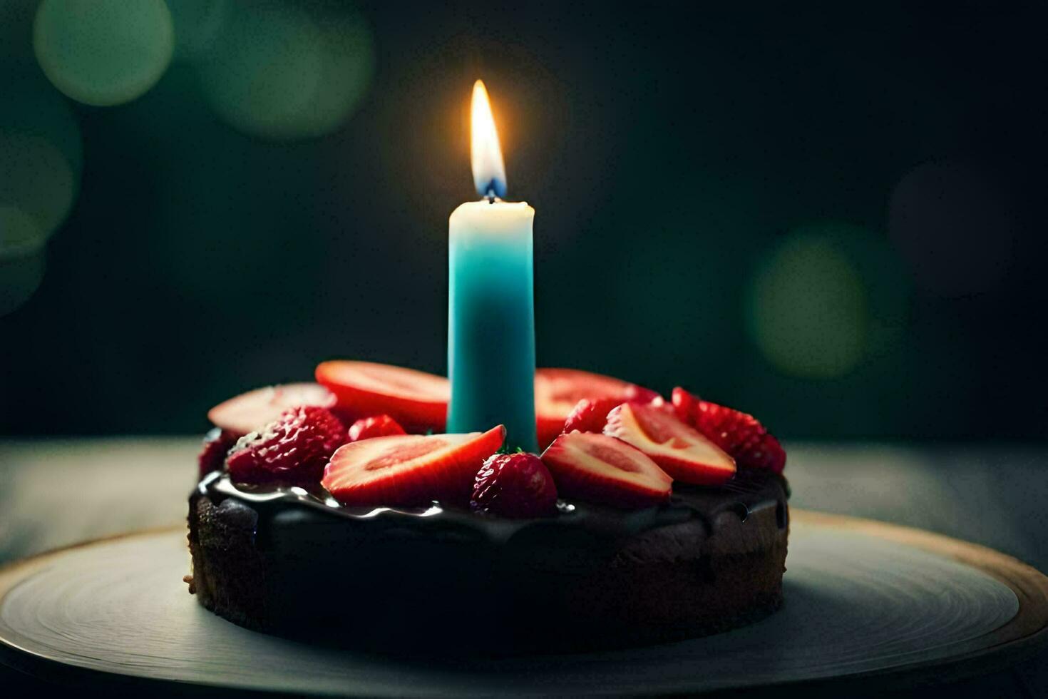 a birthday cake with a single candle. AI-Generated photo