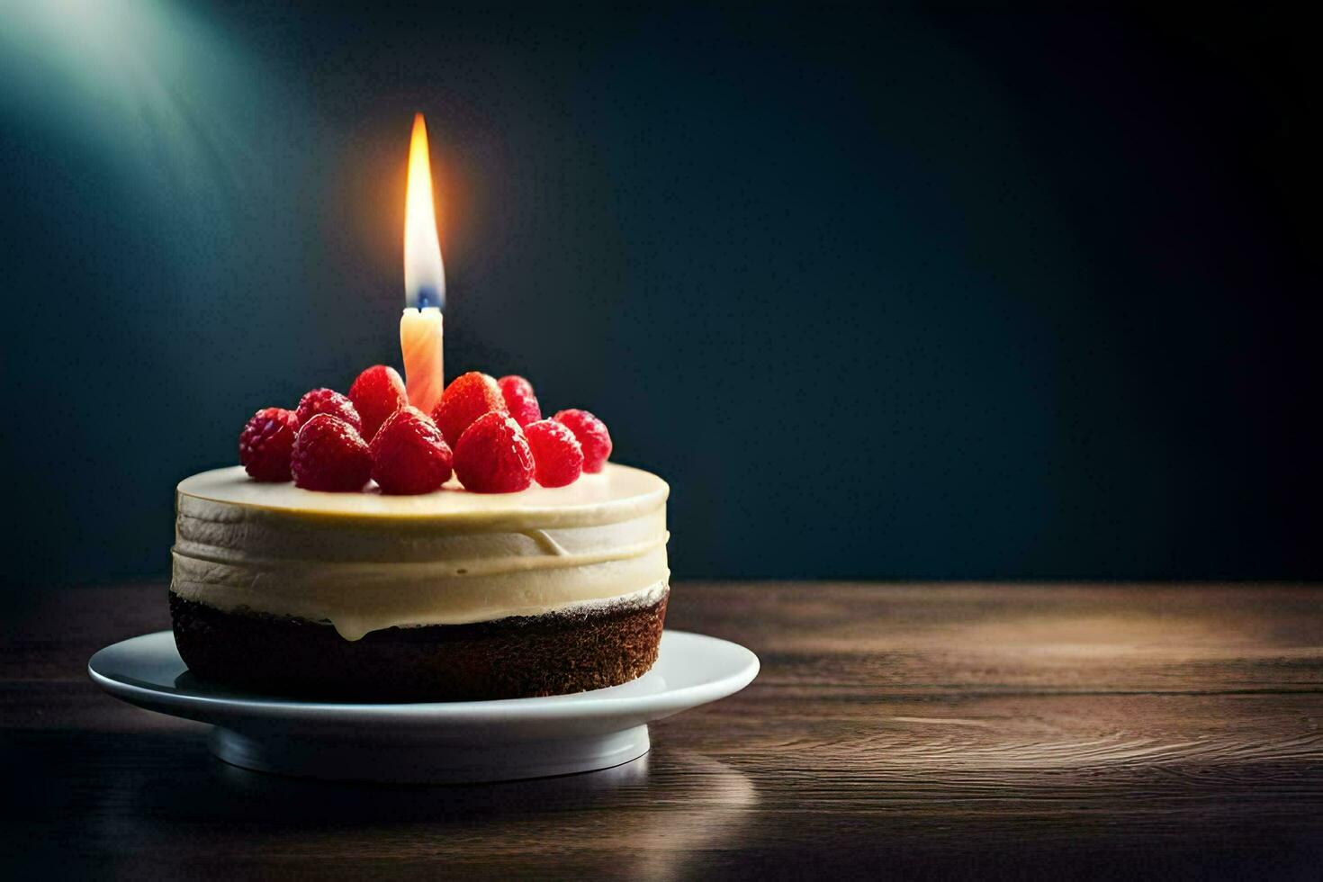 a small cake with raspberries on top. AI-Generated photo