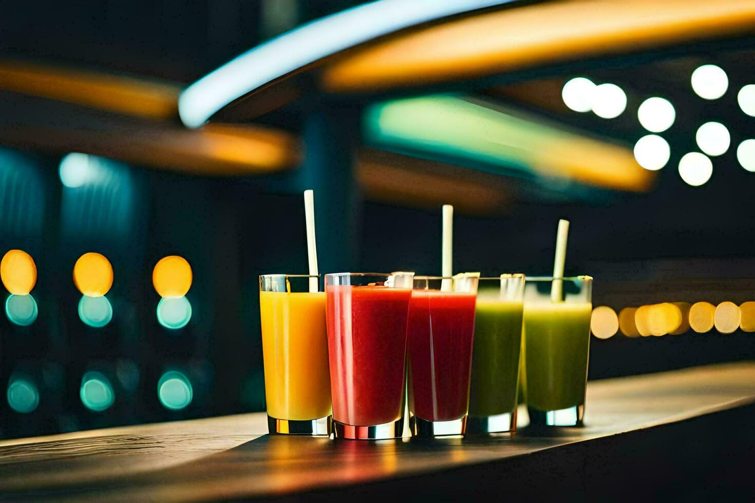 four glasses of juice on a bar. AI-Generated photo