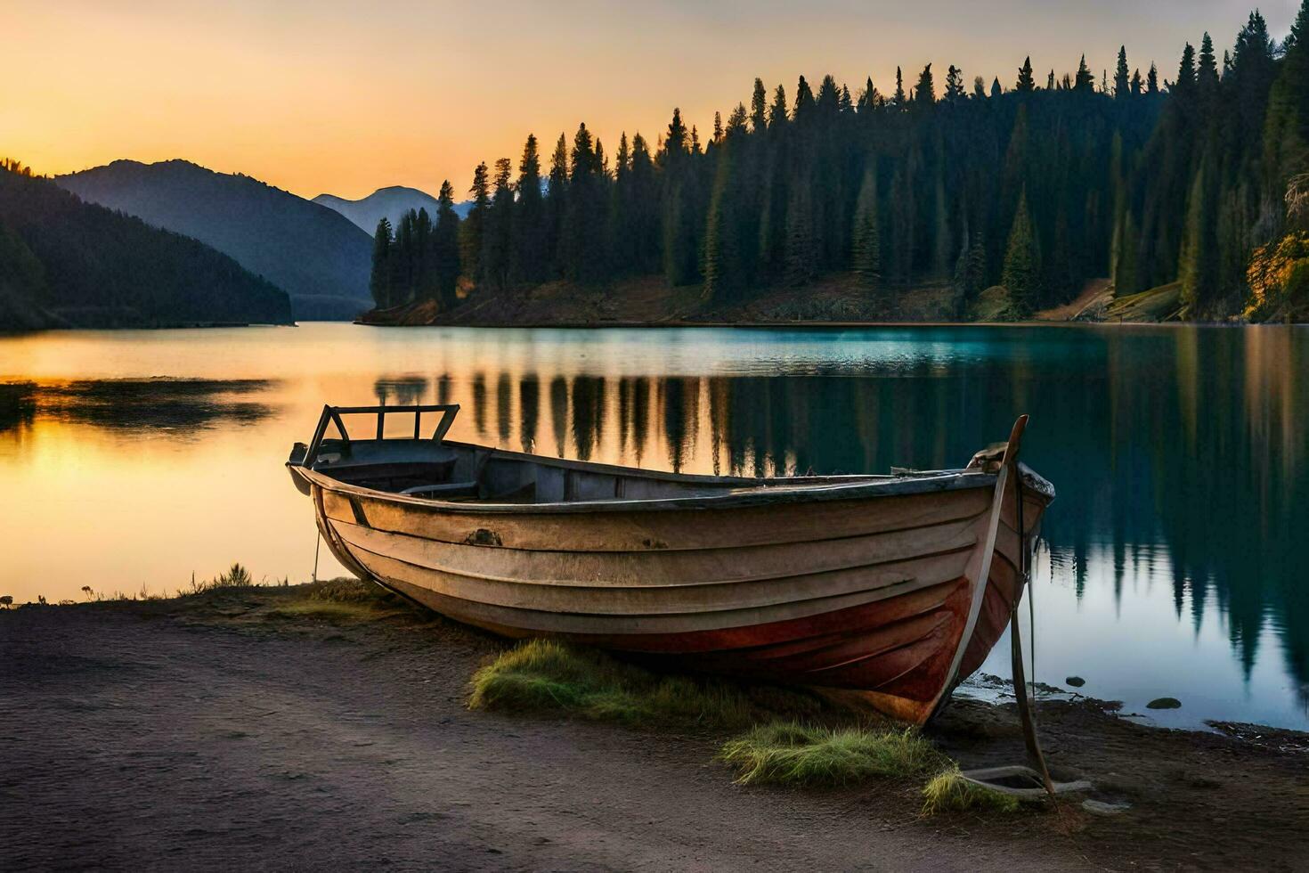 a boat sits on the shore of a lake at sunset. AI-Generated photo