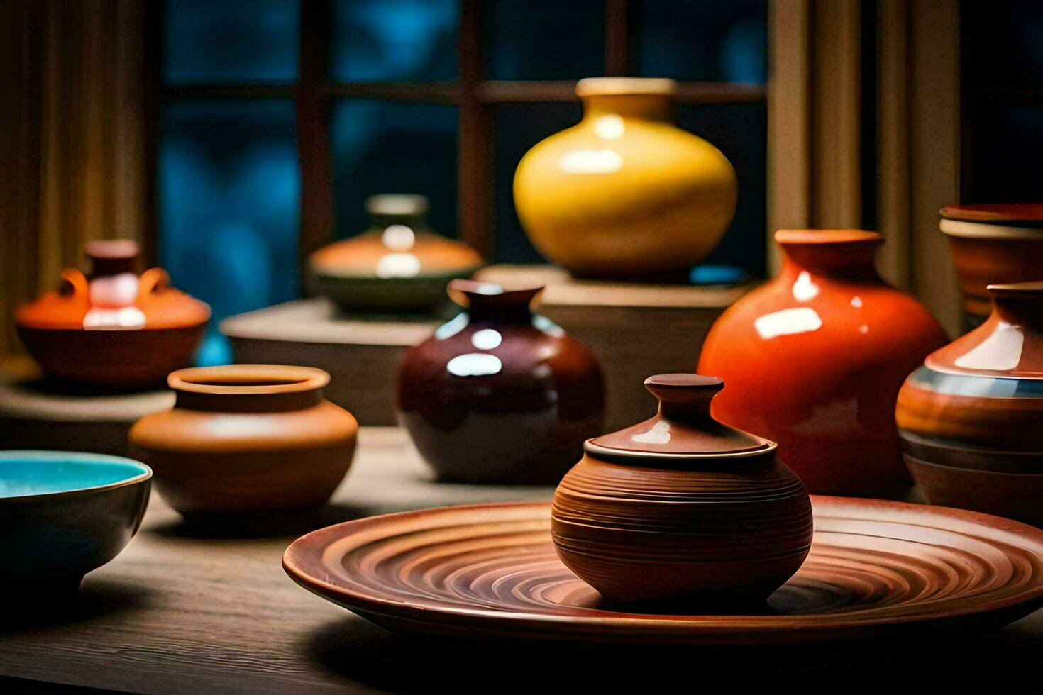 a collection of pottery on a table. AI-Generated photo