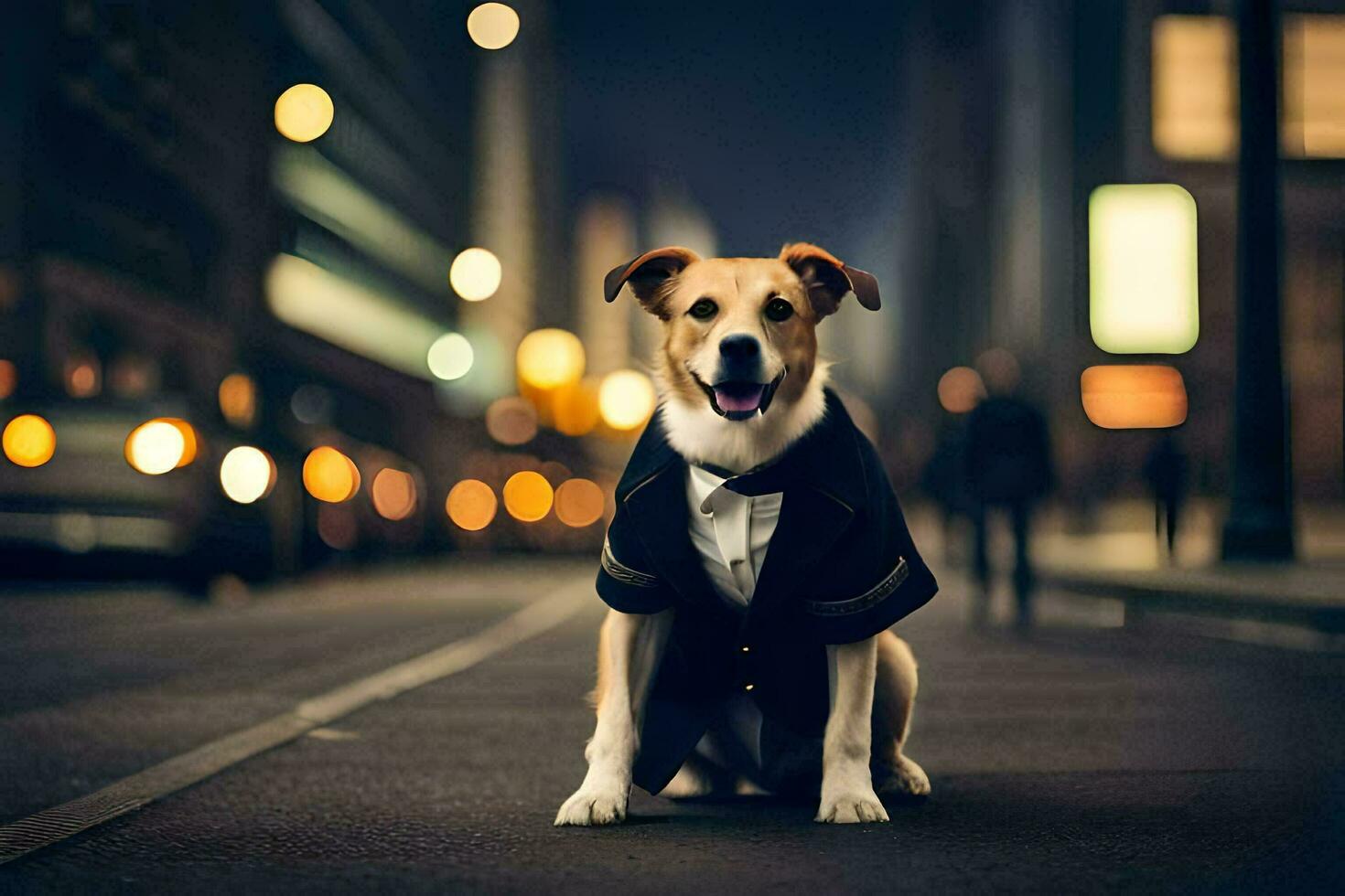 a dog in a tuxedo sitting on the street at night. AI-Generated photo