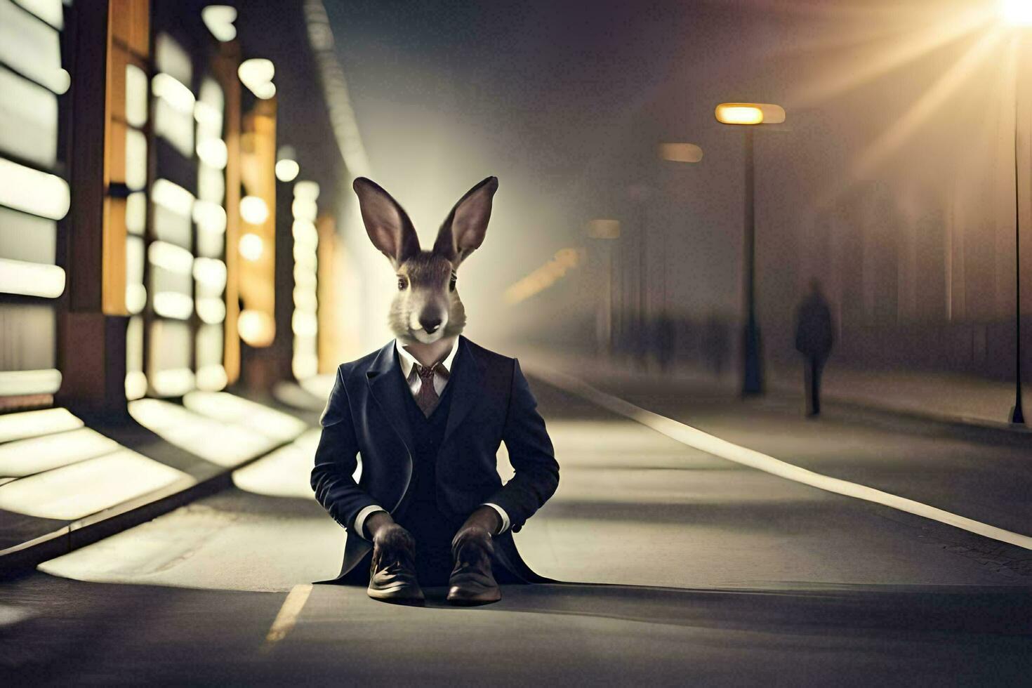 a rabbit in a suit and tie sitting on the street. AI-Generated photo