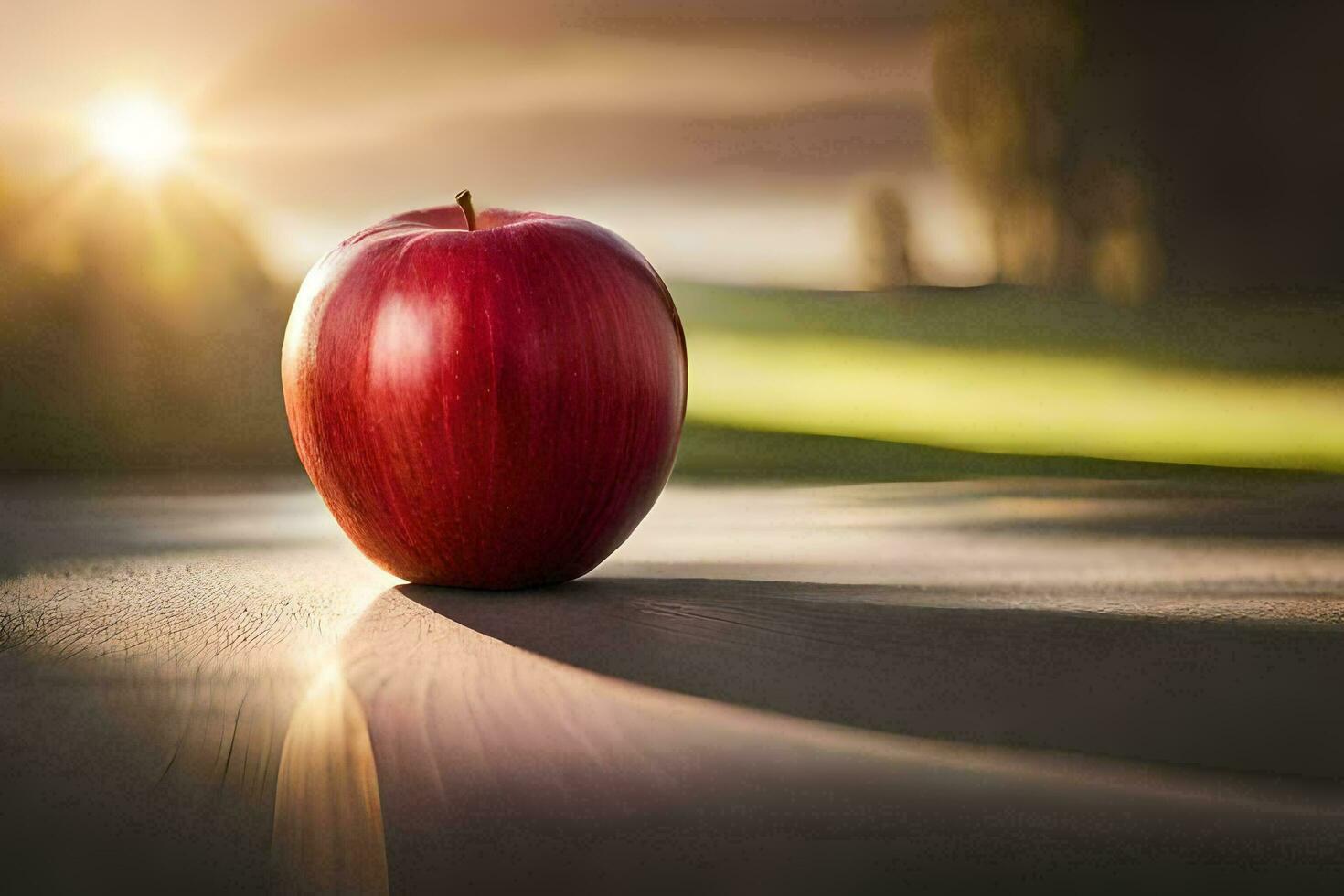 an apple is sitting on a table in front of the sun. AI-Generated photo