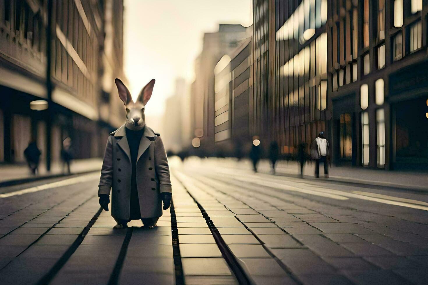 a rabbit wearing a coat and tie standing in the middle of a city street. AI-Generated photo