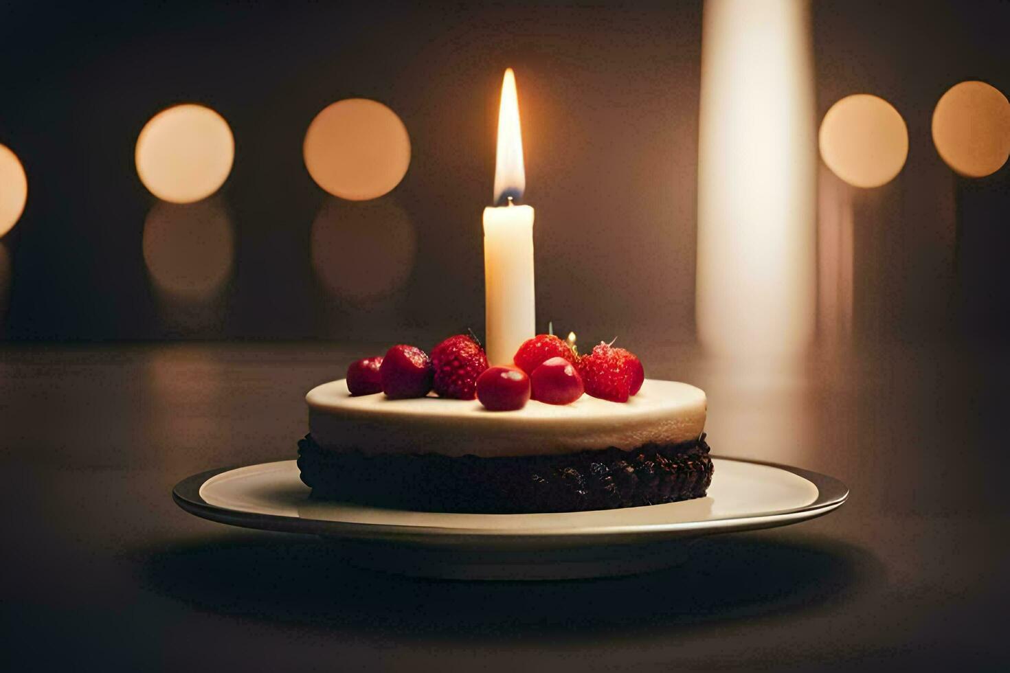 a small cake with a single candle on top. AI-Generated photo