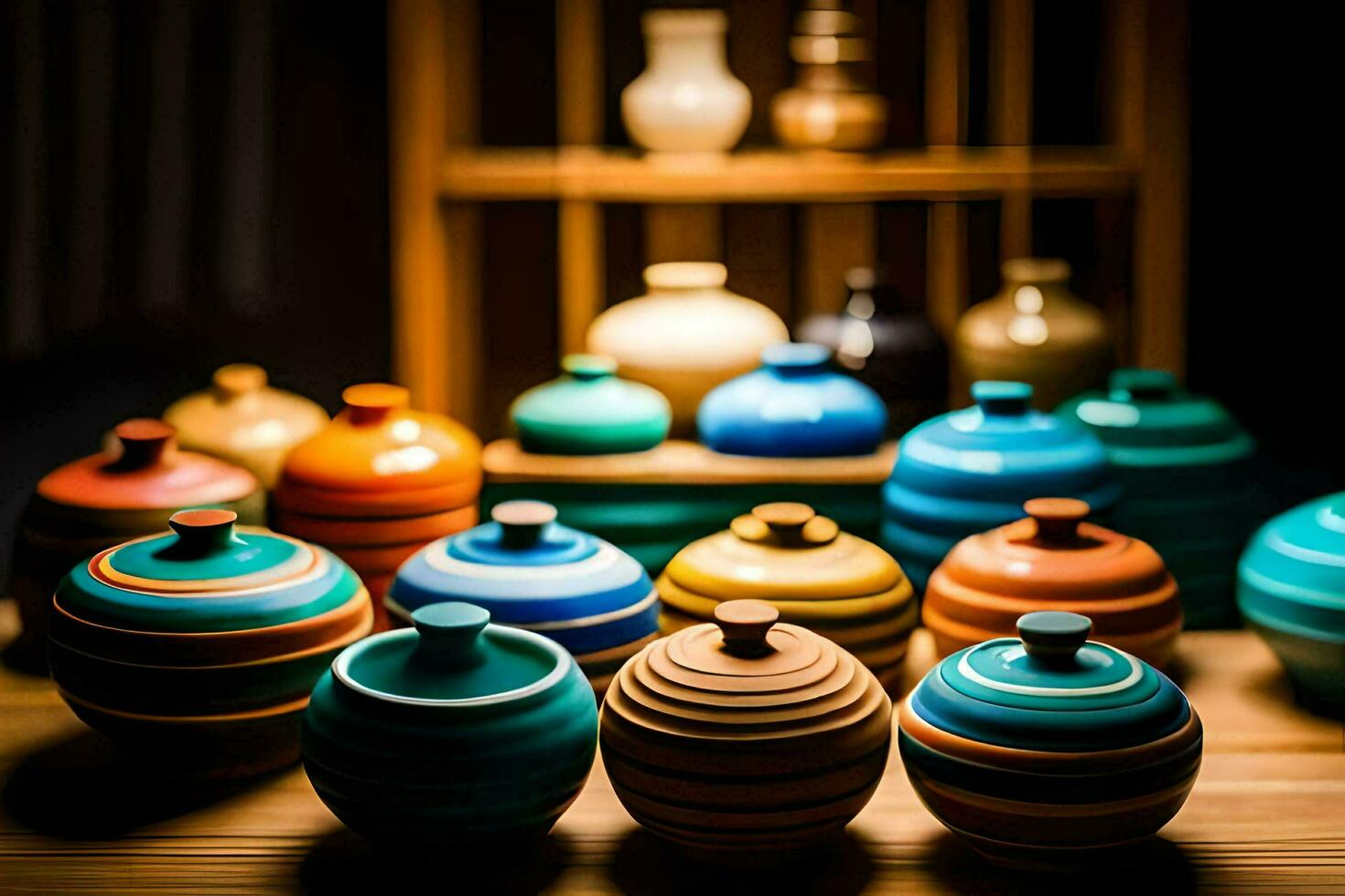 a row of colorful vases on a wooden table. AI-Generated photo