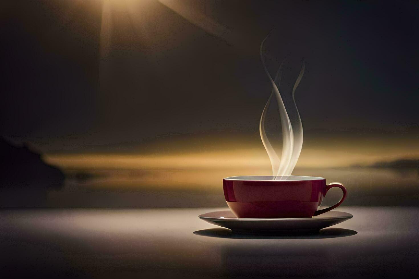 a cup of coffee on a table with the sun shining. AI-Generated photo