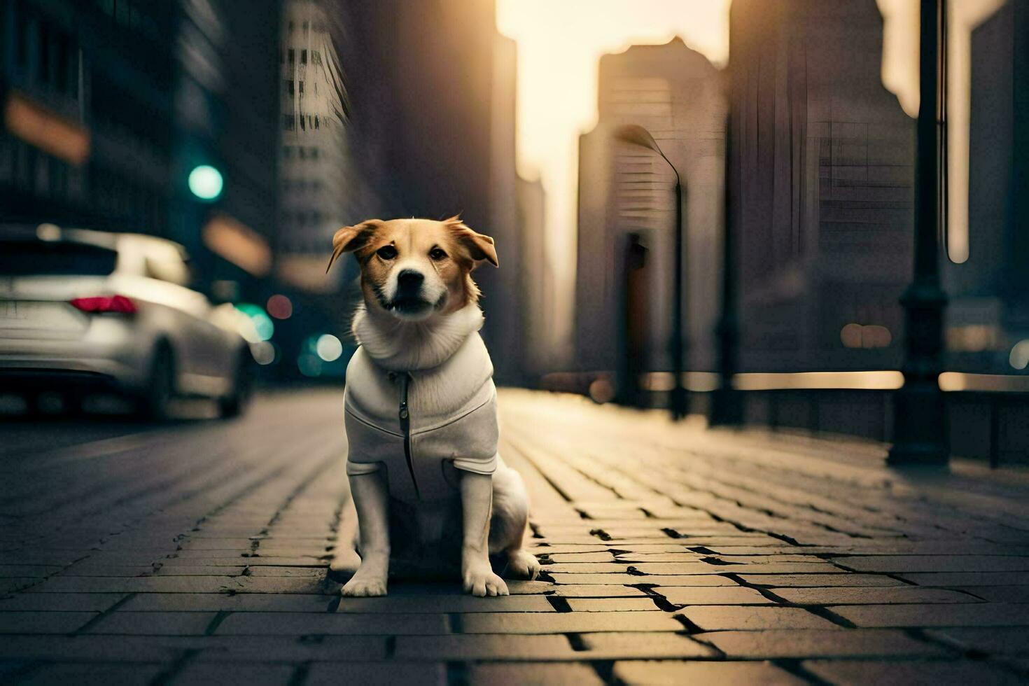 a dog sitting on the street in front of a city. AI-Generated photo