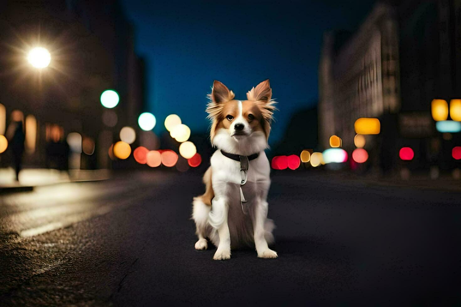 a dog sitting on the street at night. AI-Generated photo