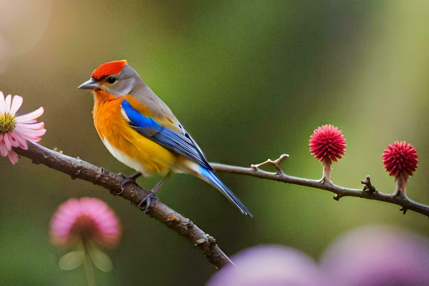 a colorful bird sits on a branch with pink flowers. AI-Generated photo