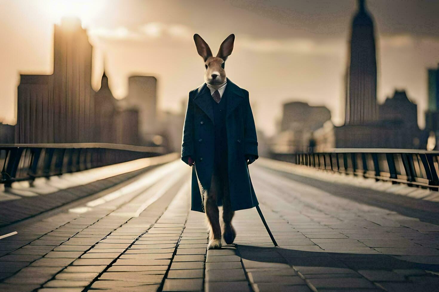 a rabbit wearing a coat and tie walking on a bridge. AI-Generated photo