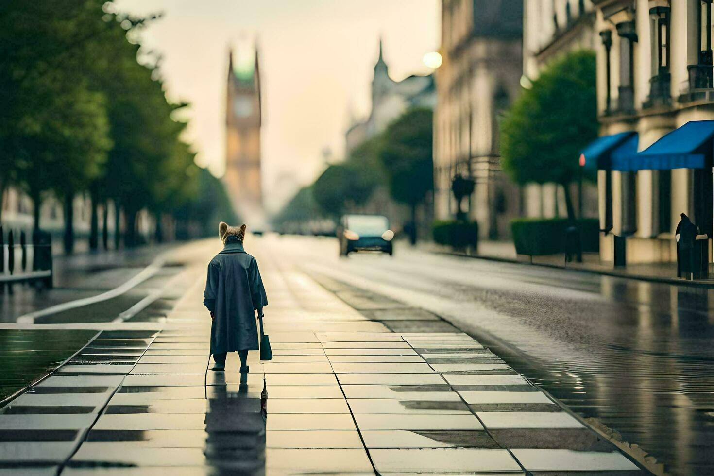 a man walking down a wet street in london. AI-Generated photo