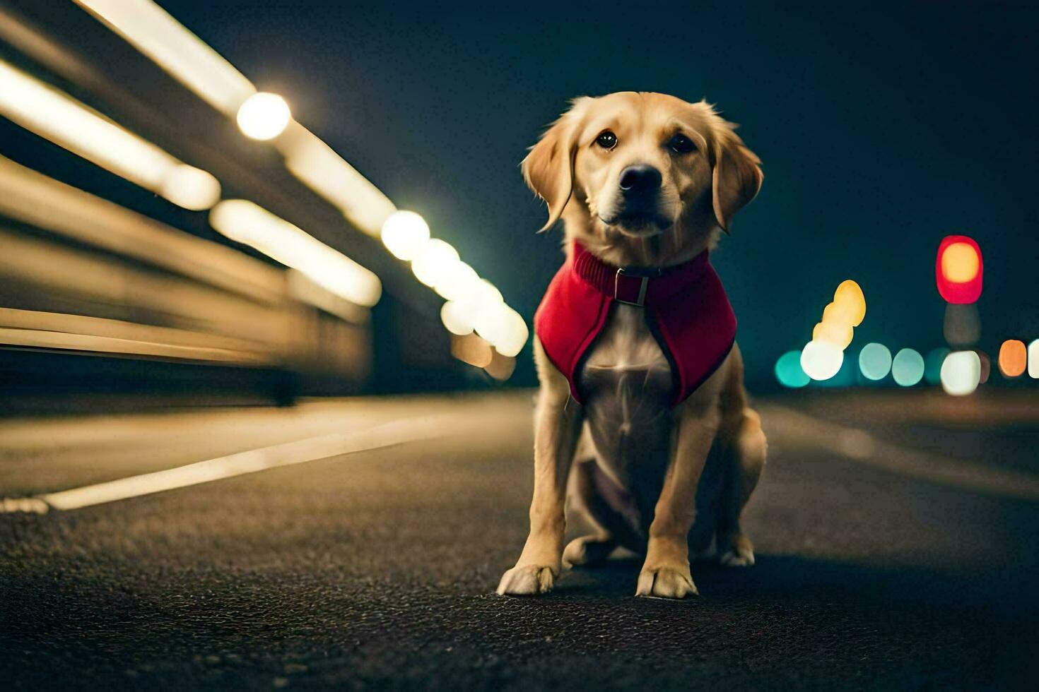 un perro vistiendo un rojo chaleco sentado en el la carretera a noche. generado por ai foto