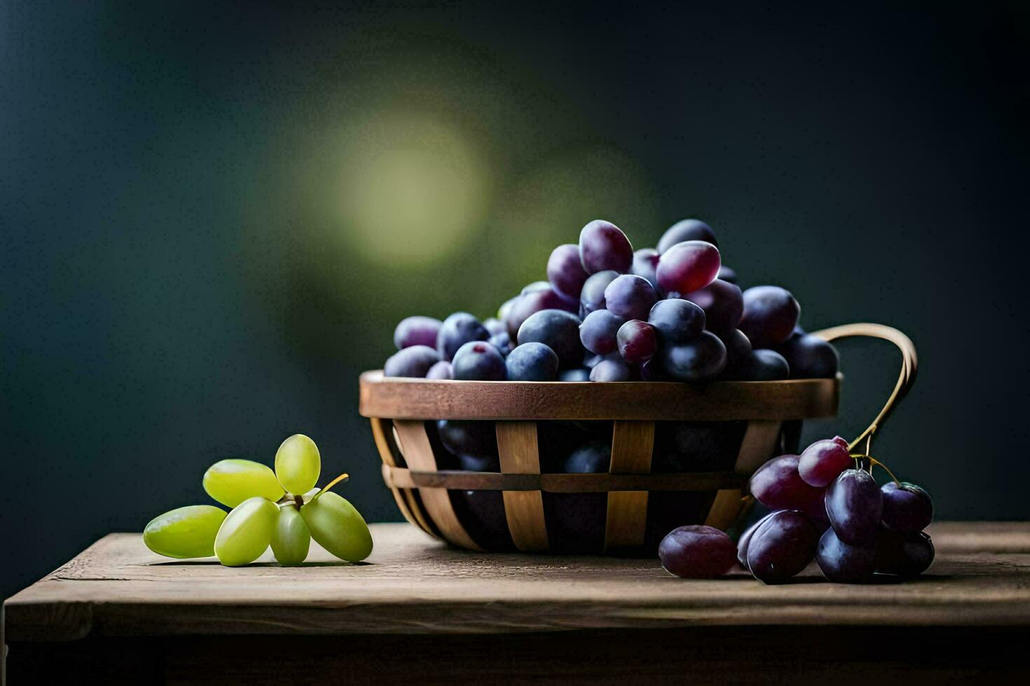 grapes in a basket on a wooden table. AI-Generated photo