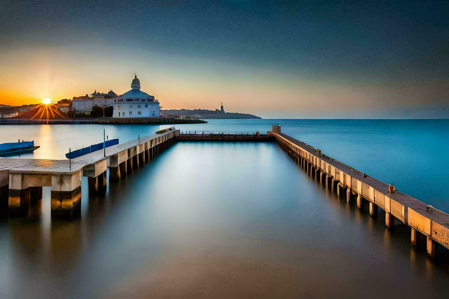 a long exposure photo of a pier at sunset. AI-Generated