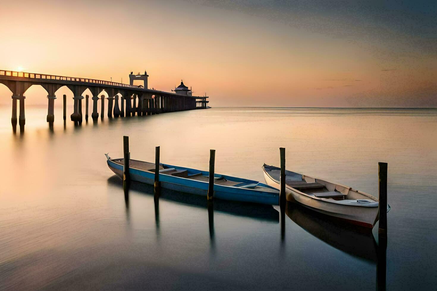 two boats sit on the water at sunset. AI-Generated photo